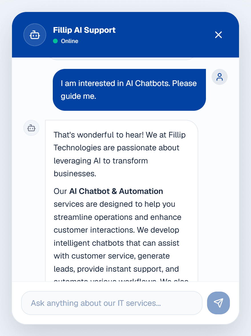 Fillip AI Support answering a visitor's question about AI chatbots