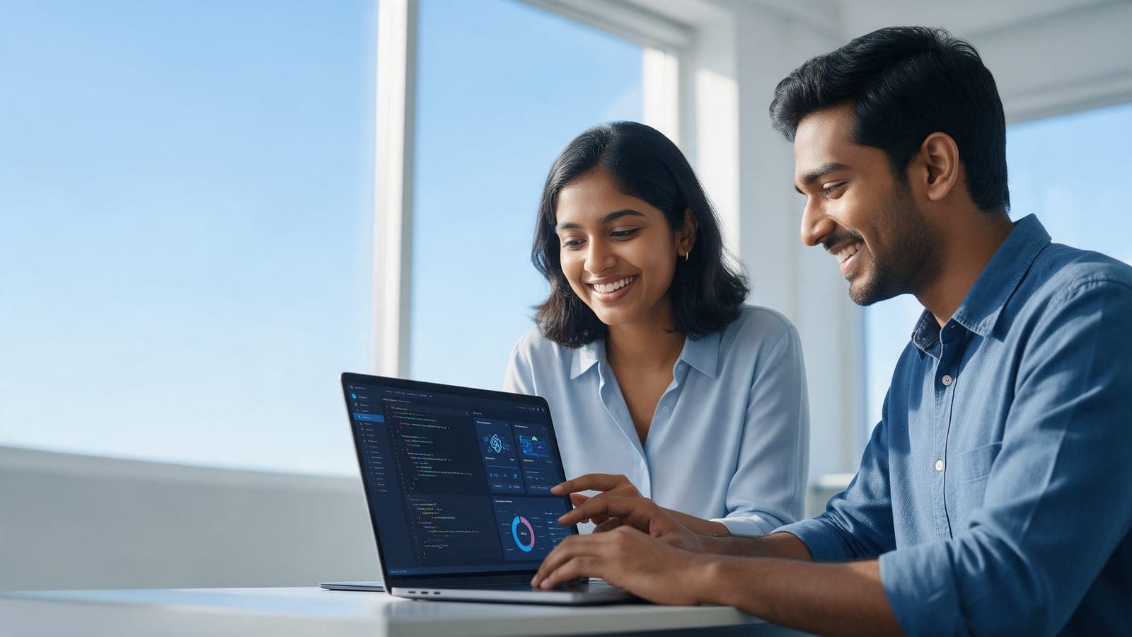 Two developers collaborating on an AI application at a laptop