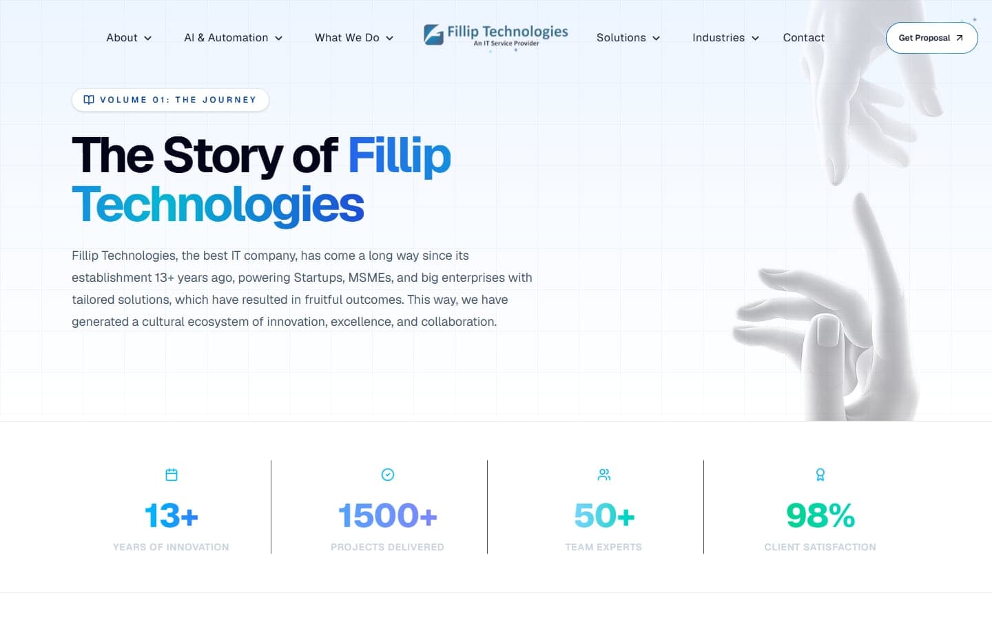 Fillip Technologies Our Story page, part of the in-house digital platform