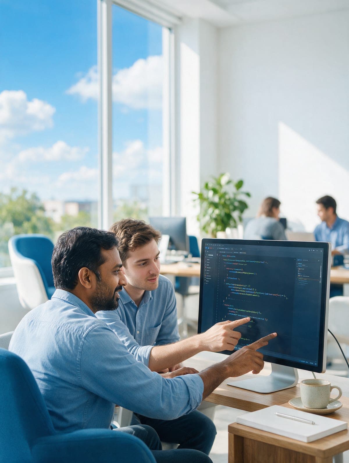 Developers working together in a bright office